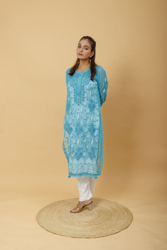 Arsh Handcrafted Peacock Blue Semi Georgette Chikan Kurti