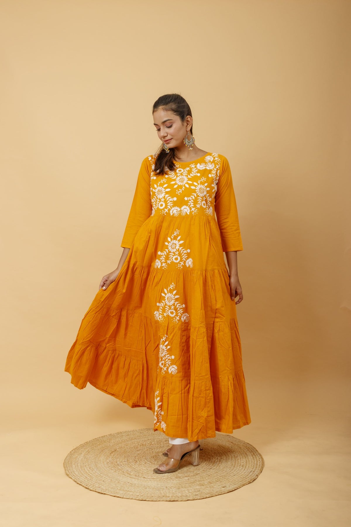 Arsh Handcrafted Mustard Yellow Umbrella Pure Cotton Chikan Dress