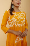 Arsh Handcrafted Mustard Yellow Umbrella Pure Cotton Chikan Dress