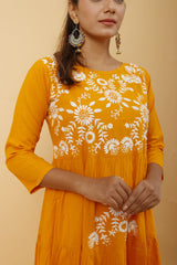 Arsh Handcrafted Mustard Yellow Umbrella Pure Cotton Chikan Dress