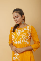 Arsh Handcrafted Mustard Yellow Umbrella Pure Cotton Chikan Dress