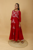 Arsh Handcrafted Deep Red Umbrella Pure Cotton Chikan Dress