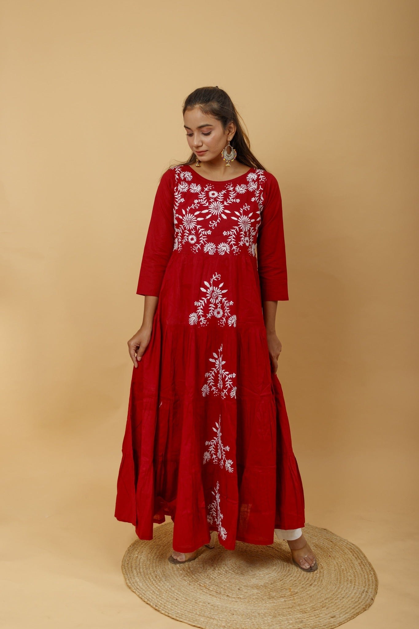 Arsh Handcrafted Deep Red Umbrella Pure Cotton Chikan Dress