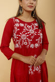 Arsh Handcrafted Deep Red Umbrella Pure Cotton Chikan Dress