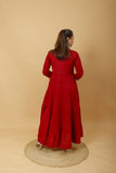 Arsh Handcrafted Deep Red Umbrella Pure Cotton Chikan Dress