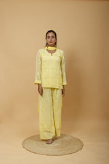 Arsh Handcrafted Top, Dupatta and Plazzo Set dyed in Lemon Yellow Colour