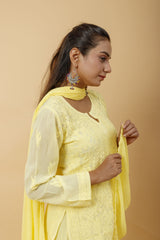 Arsh Handcrafted Top, Dupatta and Plazzo Set dyed in Lemon Yellow Colour