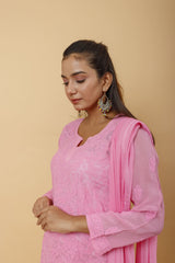 Arsh Handcrafted Top, Dupatta and Plazzo Set dyed in Onion Pink Colour