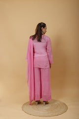 Arsh Handcrafted Top, Dupatta and Plazzo Set dyed in Onion Pink Colour