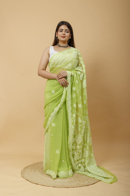 Arsh Handcrafted Semi Georgette Heavy Palla Chikan Embroidered Saree