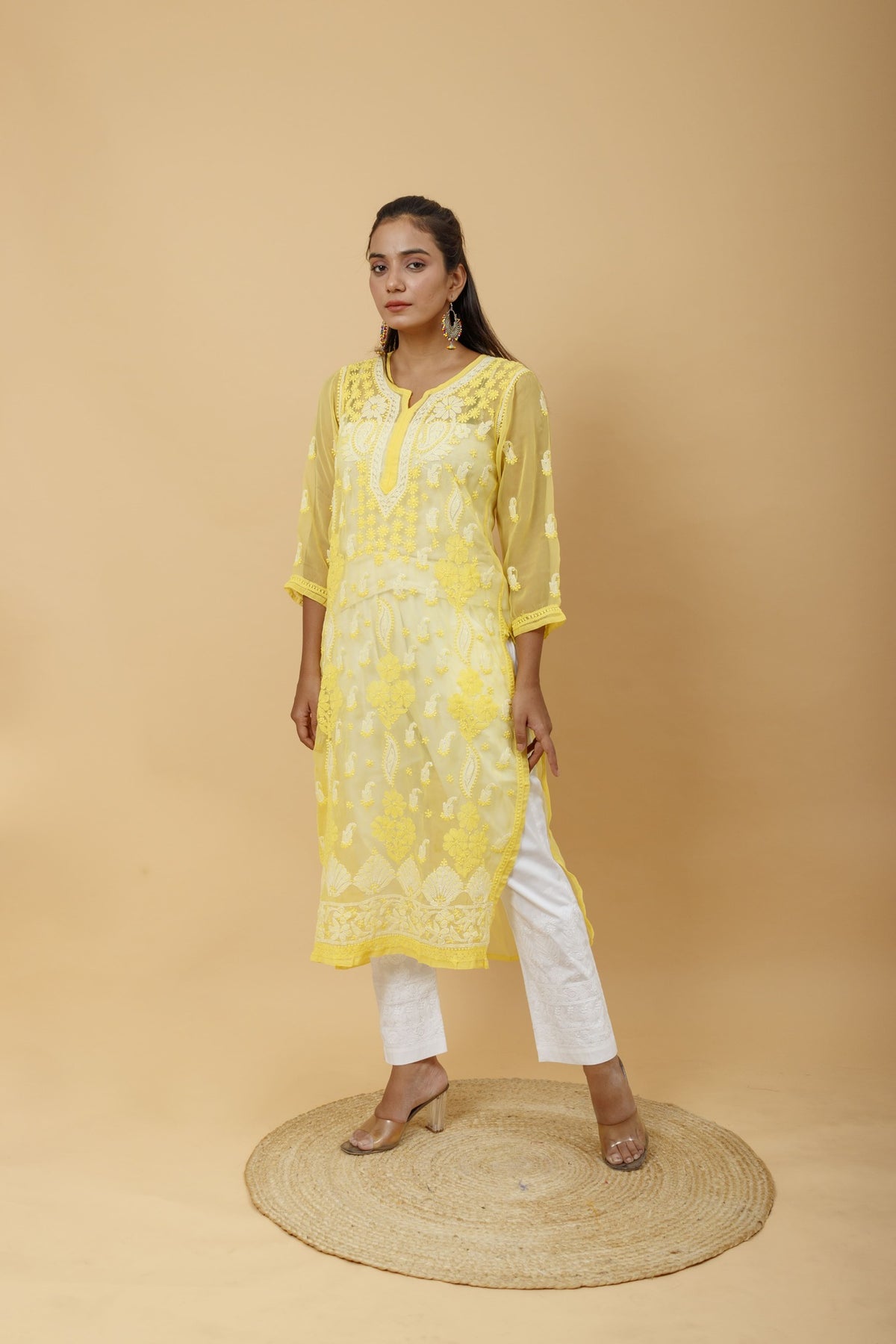 Arsh Handcrafted Yellow Semi Georgette Chikan Kurti