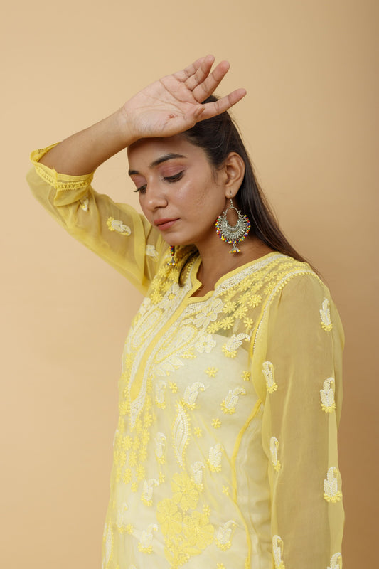 Arsh Handcrafted Yellow Semi Georgette Chikan Kurti