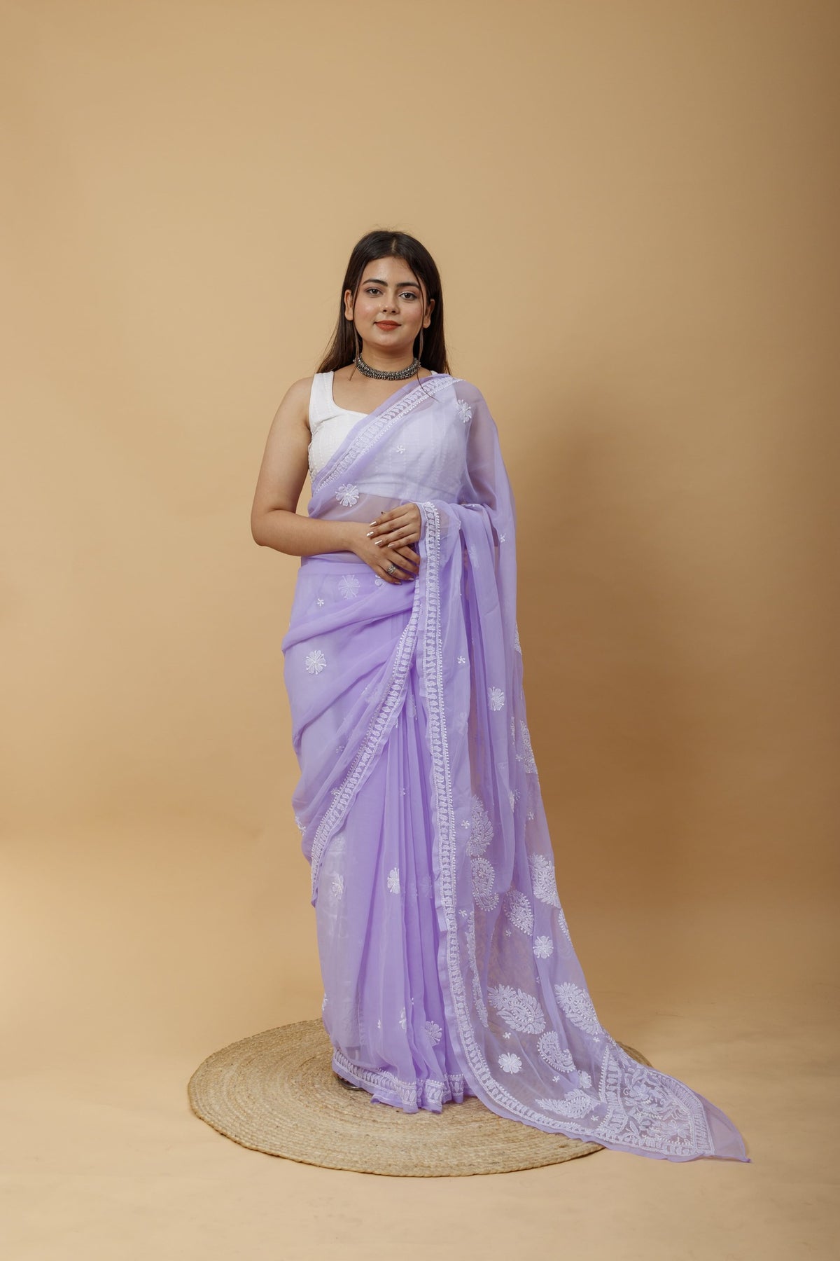 Arsh Handcrafted Semi Georgette Heavy Palla Chikan Embroidered Saree