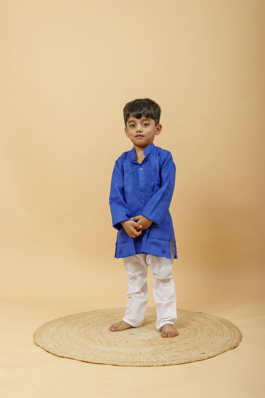 Arsh Handcrafted Boys Kurta Pajama Chikankari Set in Royal Blue colour