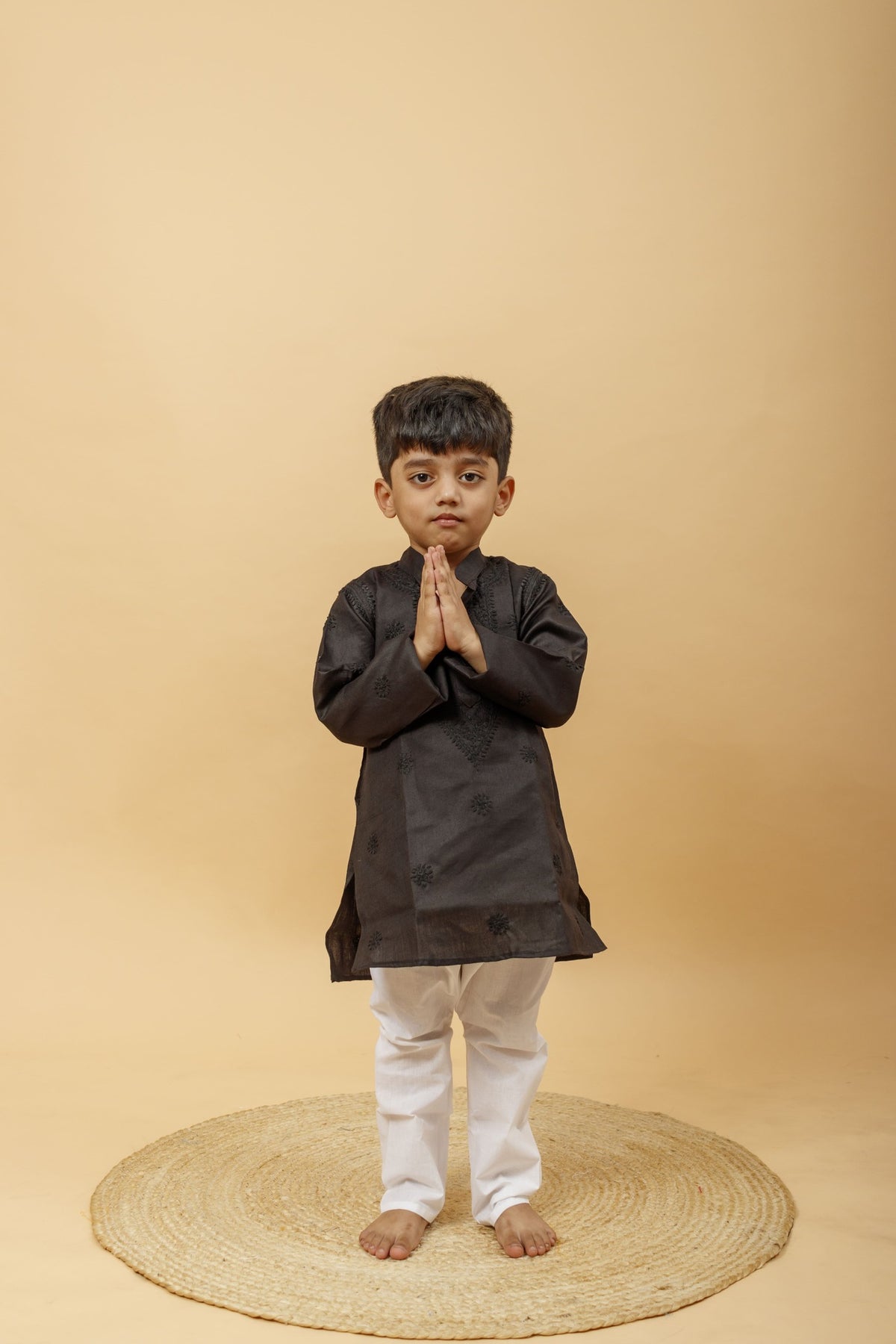 Arsh Handcrafted Boys Kurta Pajama Chikankari Set in Black Colour