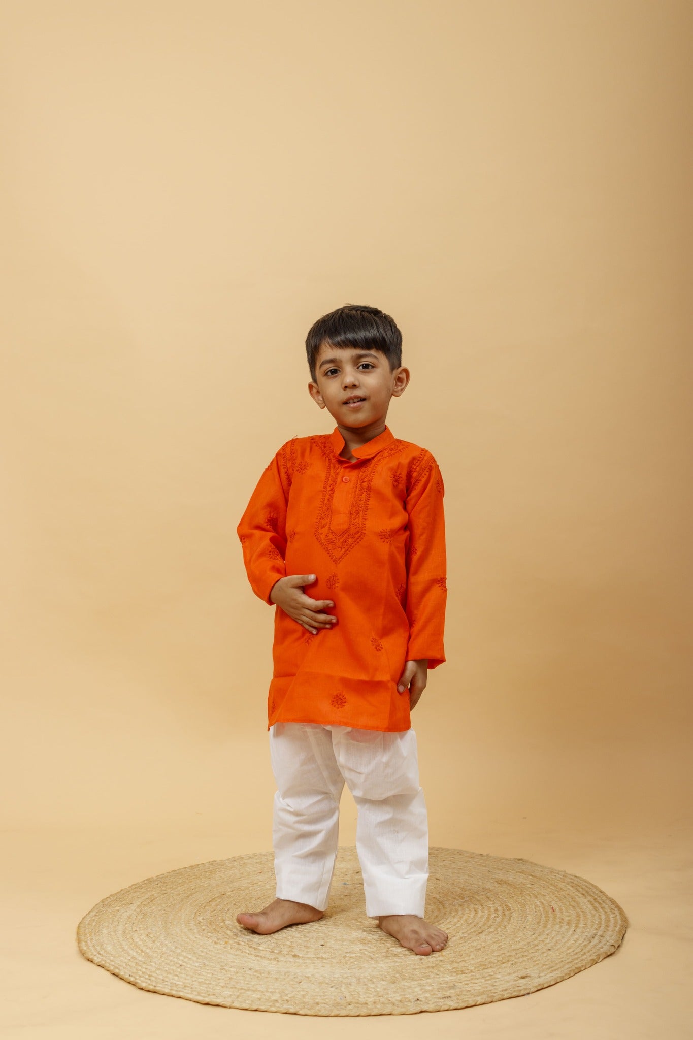 Arsh Handcrafted Boys Kurta Pajama Chikankari Set in Orange colour