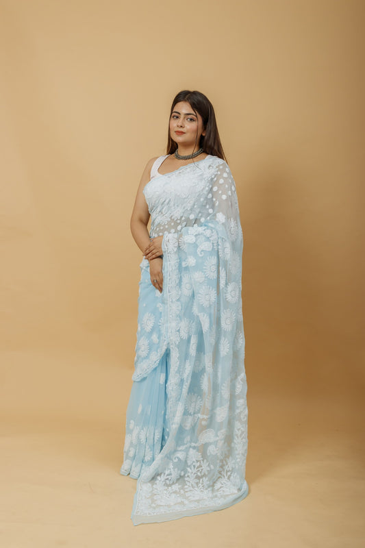 Arsh Handcrafted Semi Georgette Palla Chadi All Over Chikan Embroidered Saree