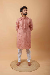 Arsh Handcrafted Peach Gala Booti Pure Cotton Men's Kurta