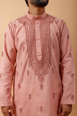 Arsh Handcrafted Peach Gala Booti Pure Cotton Men's Kurta