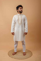 Arsh Handcrafted Off White Neck Embroidered Pure Cotton Men's Kurta