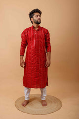 Arsh Maroon Red All Over Embroidered With Mirror Work Men's Kurta