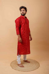 Arsh Maroon Red All Over Embroidered With Mirror Work Men's Kurta