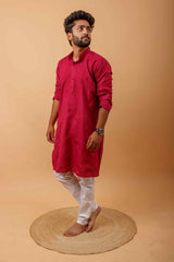 Arsh Handcrafted Dark Red Gala Booti Pure Cotton Men's Kurta