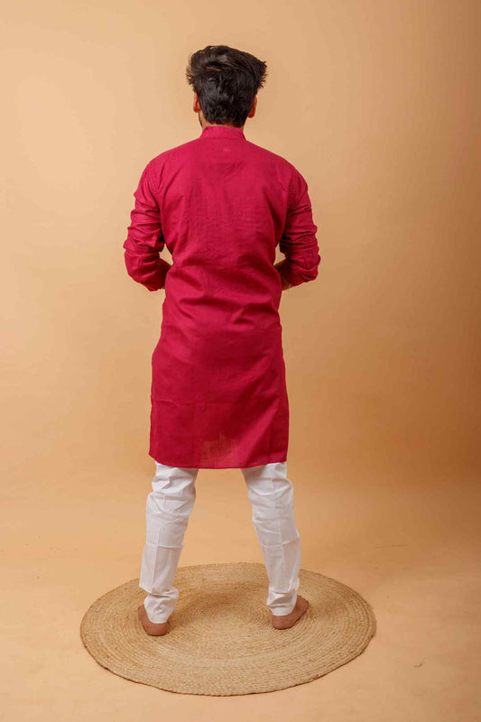 Arsh Handcrafted Dark Red Gala Booti Pure Cotton Men's Kurta