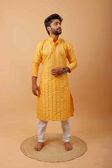 Arsh Golden Yellow All Over Embroidered With Mirror Work Men's Kurta