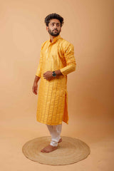 Arsh Golden Yellow All Over Embroidered With Mirror Work Men's Kurta