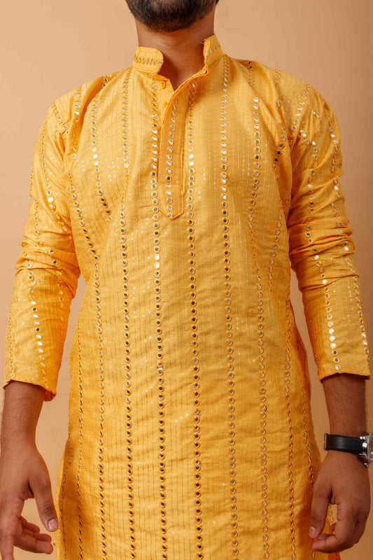 Arsh Golden Yellow All Over Embroidered With Mirror Work Men's Kurta