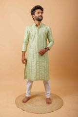 Arsh Mint Green All Over Embroidered With Mirror Work Men's Kurta