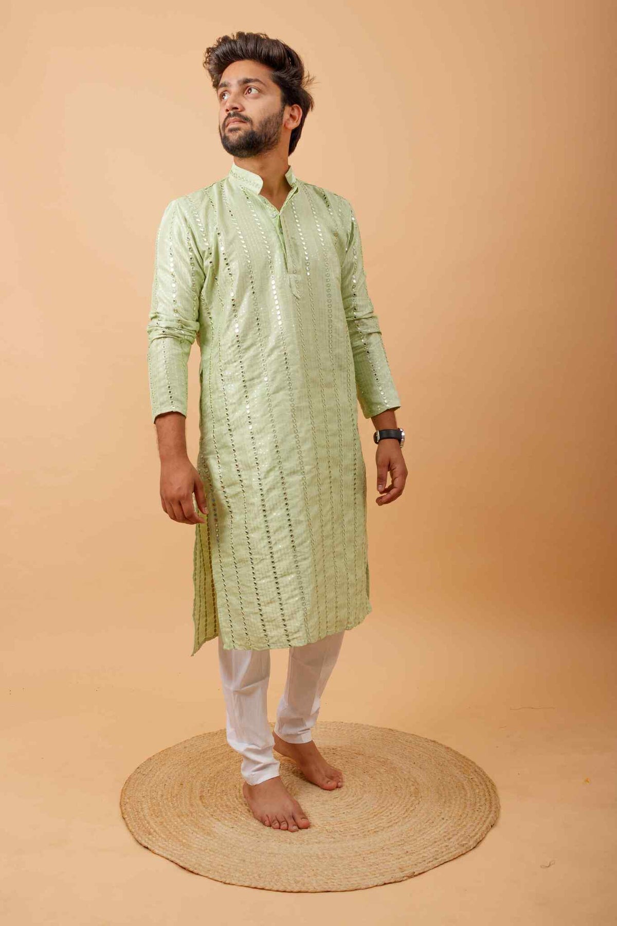 Arsh Mint Green All Over Embroidered With Mirror Work Men's Kurta