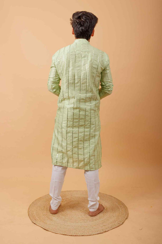 Arsh Mint Green All Over Embroidered With Mirror Work Men's Kurta