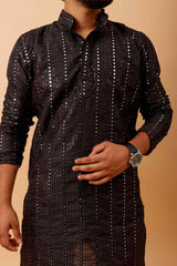 Arsh Black All Over Embroidered With Mirror Work Men's Kurta