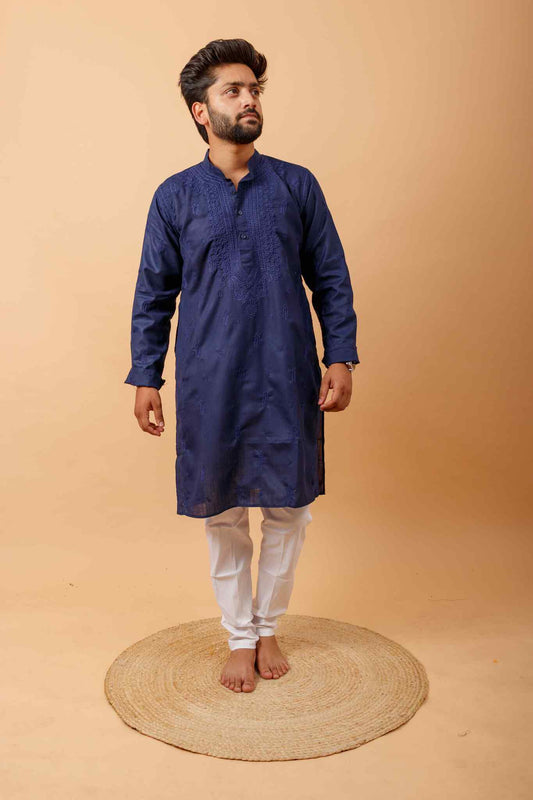 Arsh Handcrafted Navy Blue Gala Booti Pure Cotton Men's Kurta