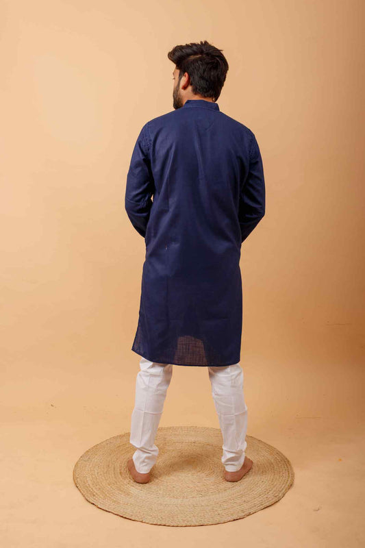 Arsh Handcrafted Navy Blue Gala Booti Pure Cotton Men's Kurta