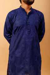 Arsh Handcrafted Navy Blue Gala Booti Pure Cotton Men's Kurta