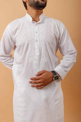 Arsh Handcrafted White Neck Embroidered Pure Cotton Men's Kurta