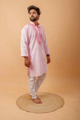 Arsh Handcrafted Pink Neck Embroidered Pure Cotton Men's Kurta