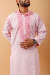 Arsh Handcrafted Pink Neck Embroidered Pure Cotton Men's Kurta