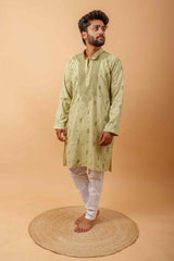 Arsh Handcrafted Pista Green Gala Booti Pure Cotton Men's Kurta