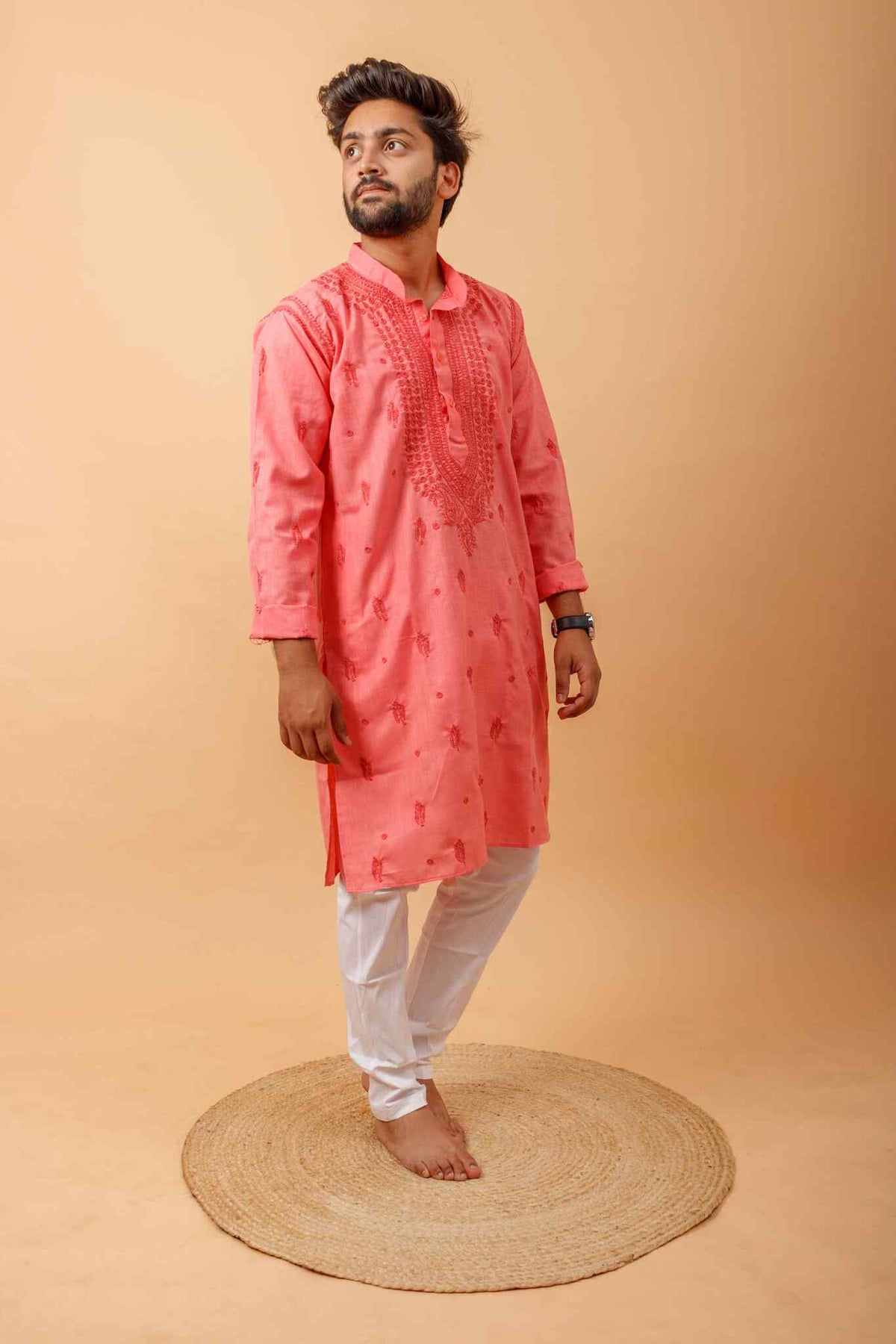 Arsh Handcrafted Tomato Red Gala Booti Pure Cotton Men's Kurta