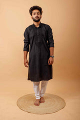 Arsh Handcrafted Black Neck Embroidered Pure Cotton Men's Kurta