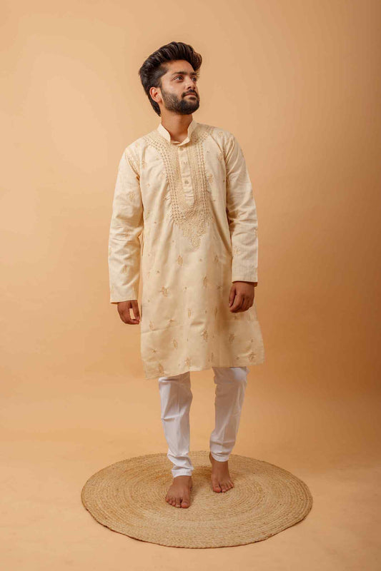 Arsh Handcrafted Fawn Gala Booti Pure Cotton Men's Kurta