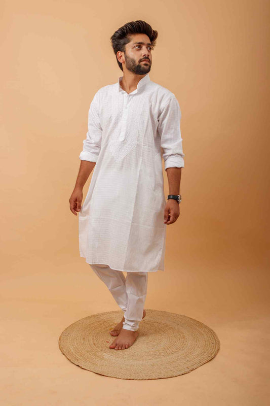 Arsh Handcrafted Self-Checked Hand Embroidered Pure Cotton Men's Kurta