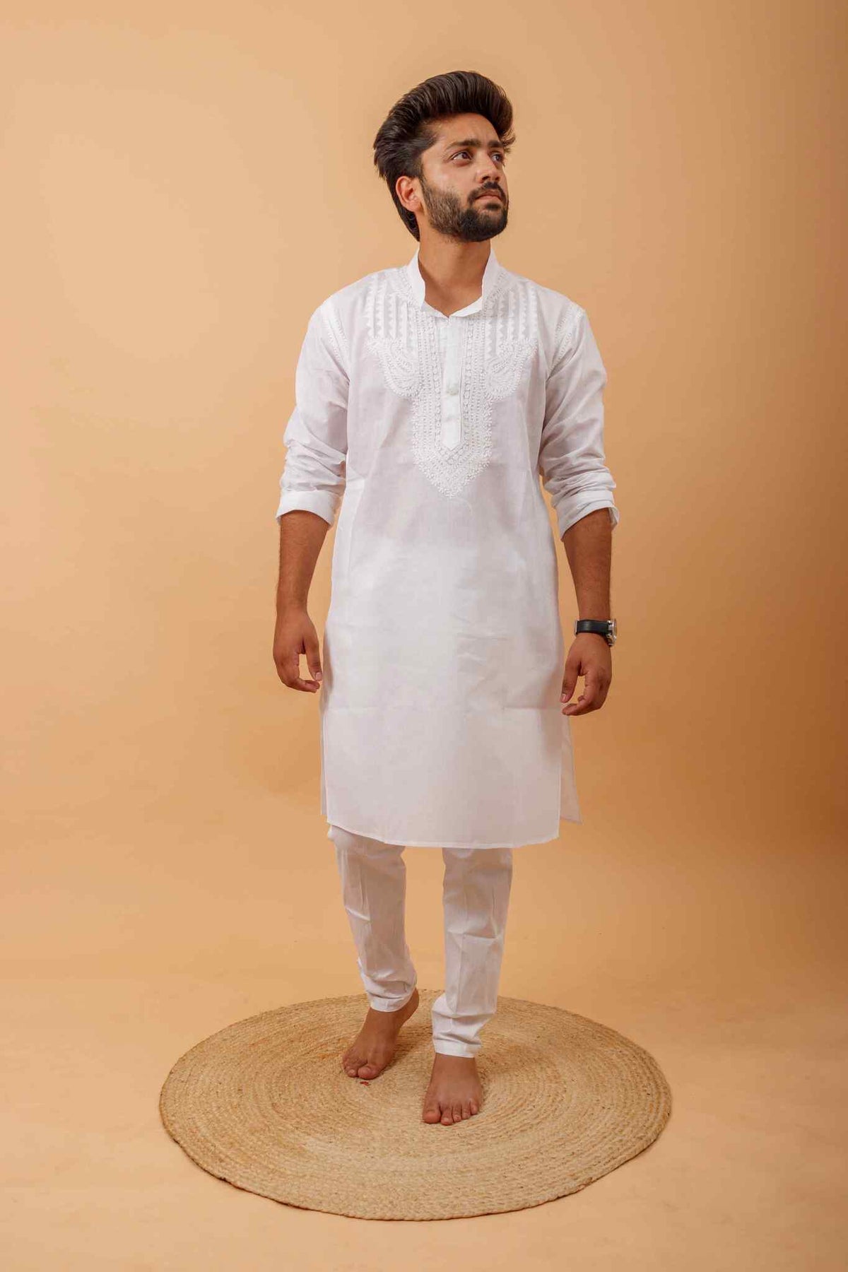 Arsh Handcrafted Yog Neck Daraj Hand Embroidered Pure Cotton Men's Kurta