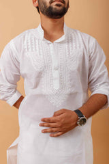 Arsh Handcrafted Yog Neck Daraj Hand Embroidered Pure Cotton Men's Kurta