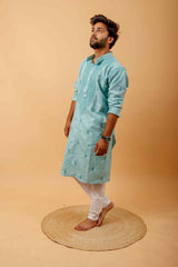 Arsh Handcrafted Firozi Gala Booti Pure Cotton Men's Kurta