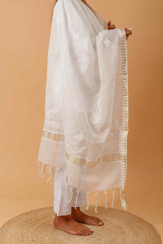 Arsh Handcrafted Kota Check Chanderi Chikankari Dupatta